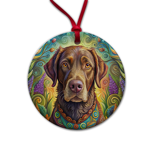Chesapeake Bay Retriever Dog Bohemian Art Round Ceramic Holiday Christmas Tree Ornament