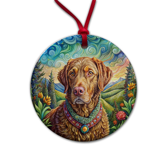 Chesapeake Bay Retriever Dog French Bohemian Art Round Ceramic Holiday Christmas Tree Ornament