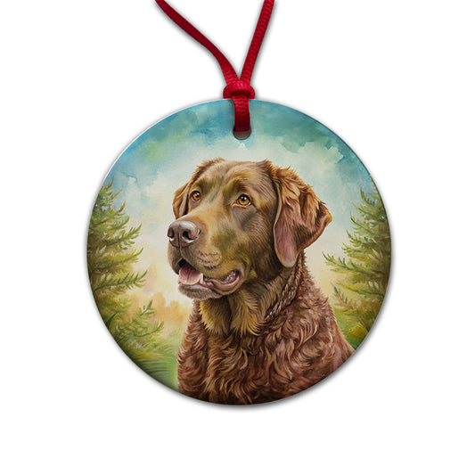 Chesapeake Bay Retriever Dog Illustration Round Ceramic Holiday Christmas Tree Ornament