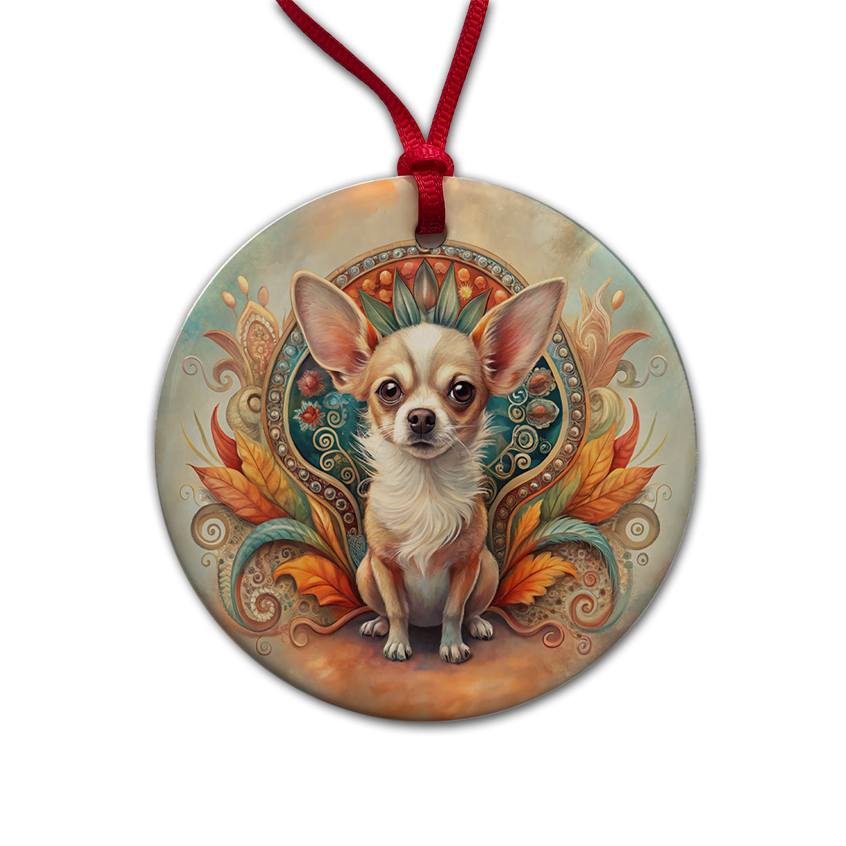 Chihuahua Dog Art Nouveau Round Ceramic Holiday Christmas Tree Ornament