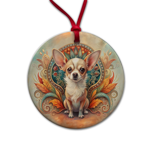 Chihuahua Dog Art Nouveau Round Ceramic Holiday Christmas Tree Ornament