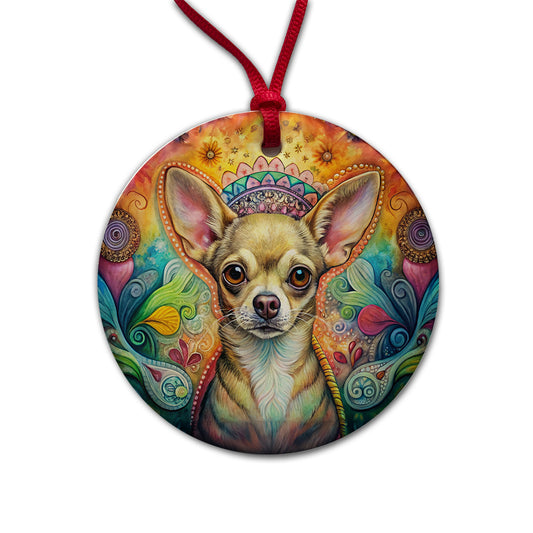Chihuahua Dog Bohemian Art Round Ceramic Holiday Christmas Tree Ornament