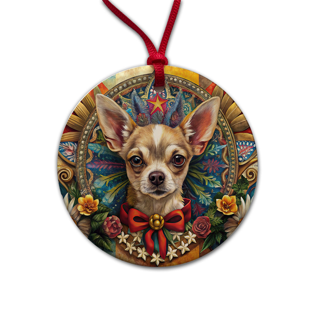 Chihuahua Dog French Bohemian Art Round Ceramic Holiday Christmas Tree Ornament
