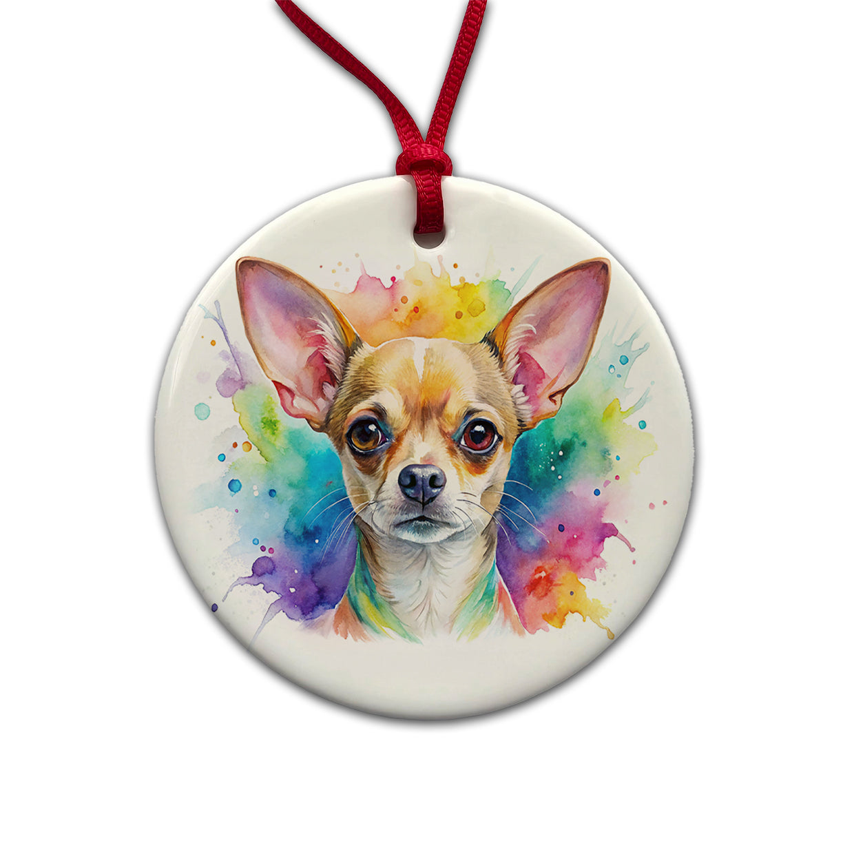 Chihuahua Dog Watercolor Style Round Ceramic Holiday Christmas Tree Ornament