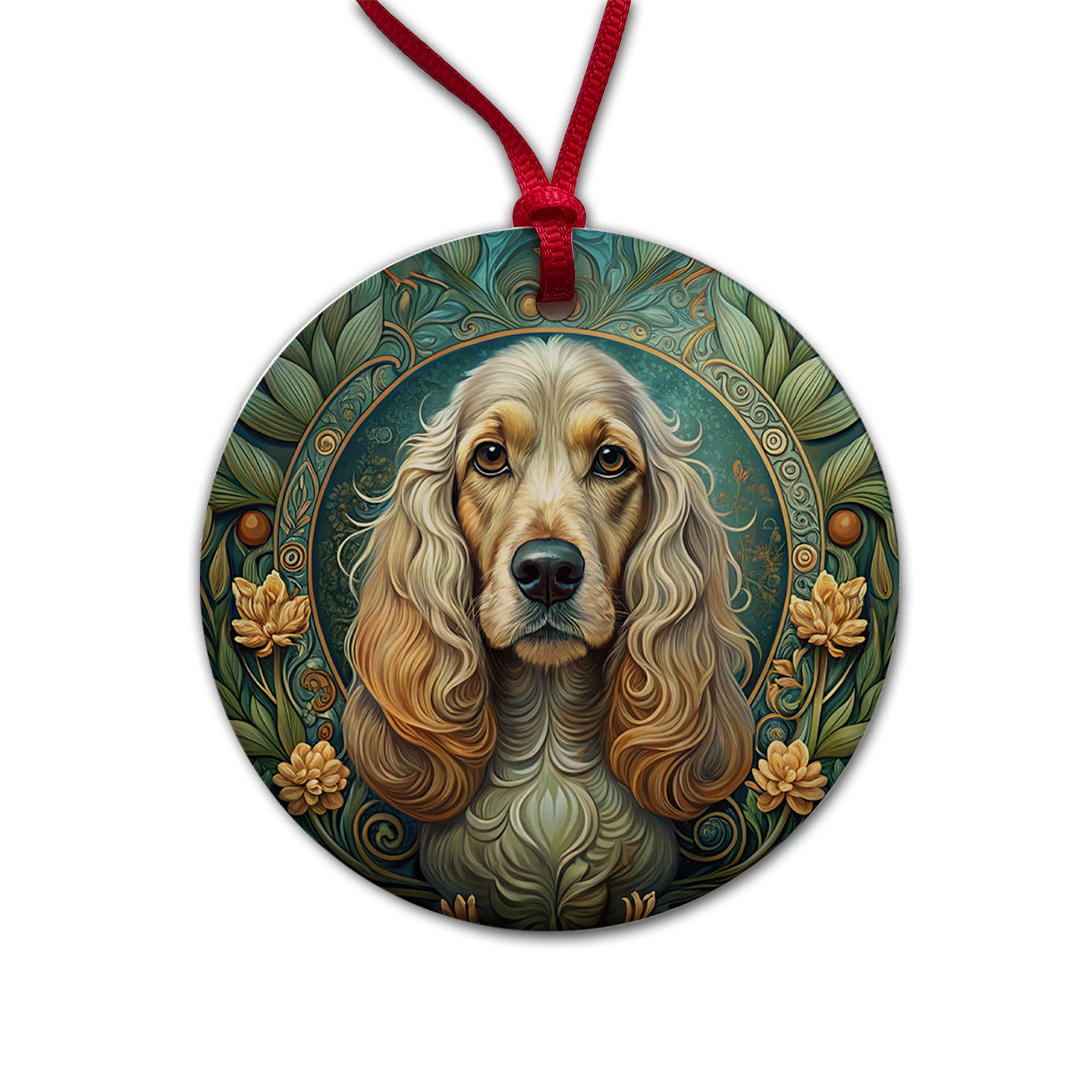 Cocker Spaniel Dog Art Nouveau Round Ceramic Holiday Christmas Tree Ornament