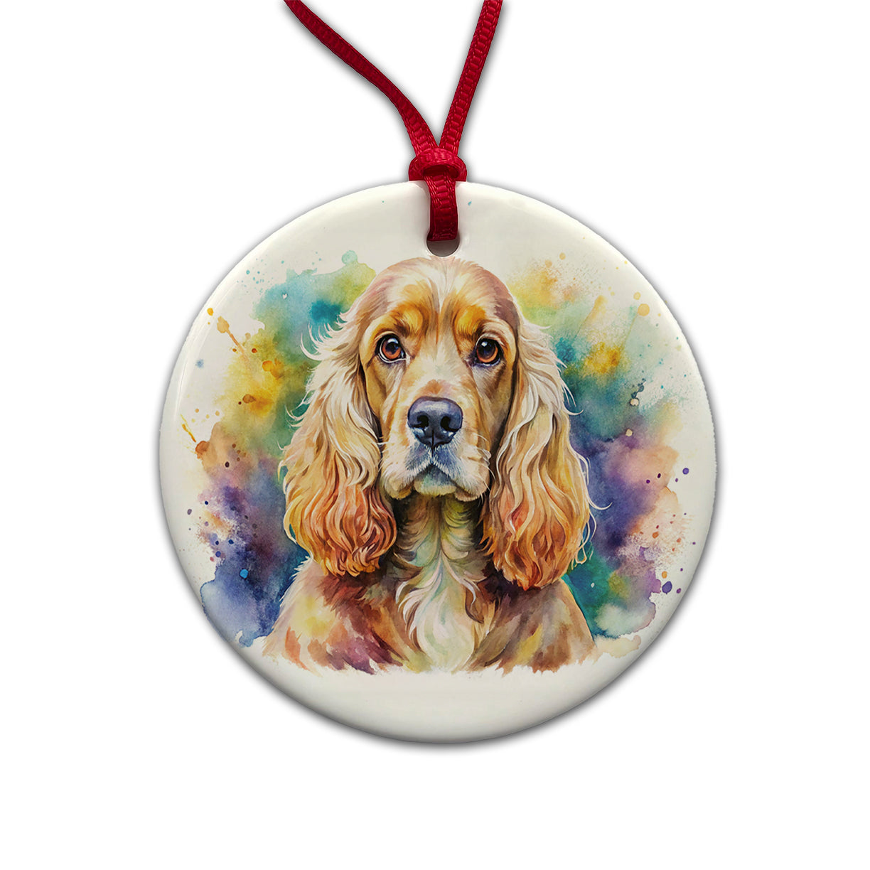Cocker Spaniel Dog Watercolor Style Round Ceramic Holiday Christmas Tree Ornament