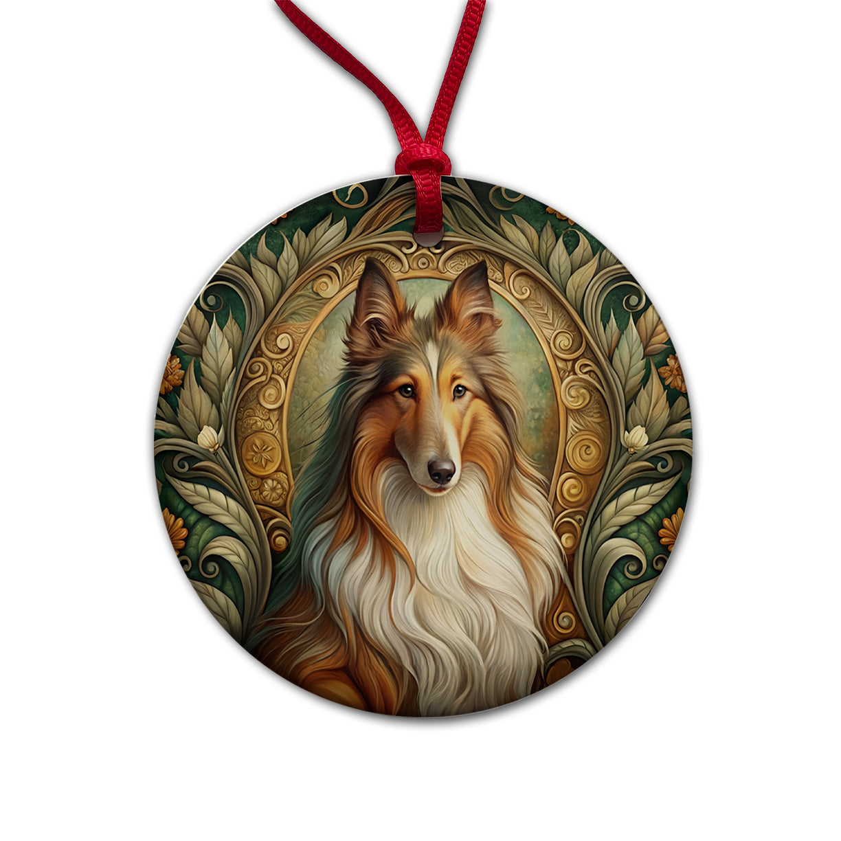 Collie Dog Art Nouveau Round Ceramic Holiday Christmas Tree Ornament