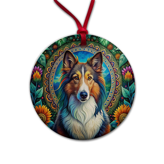 Collie Dog Bohemian Art Round Ceramic Holiday Christmas Tree Ornament