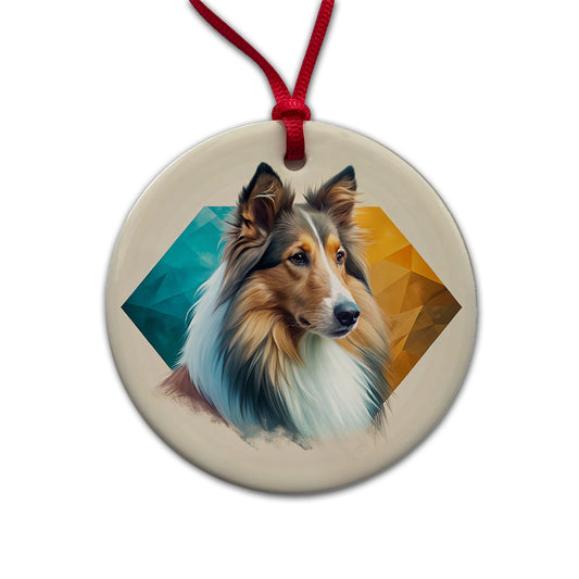 Collie Dog Contemporary Art Round Ceramic Holiday Christmas Tree Ornament