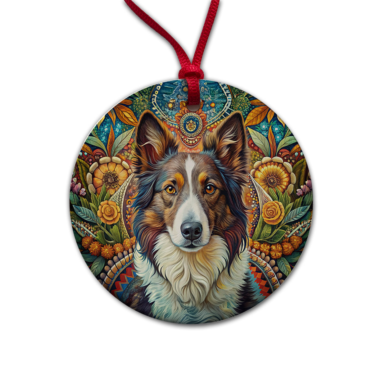 Collie Dog French Bohemian Art Round Ceramic Holiday Christmas Tree Ornament