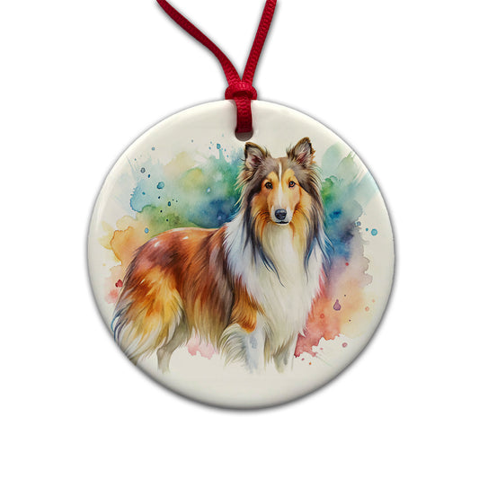 Collie Dog Watercolor Style Round Ceramic Holiday Christmas Tree Ornament