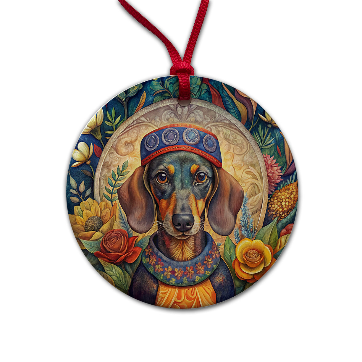 Dachshund Dog French Bohemian Art Round Ceramic Holiday Christmas Tree Ornament