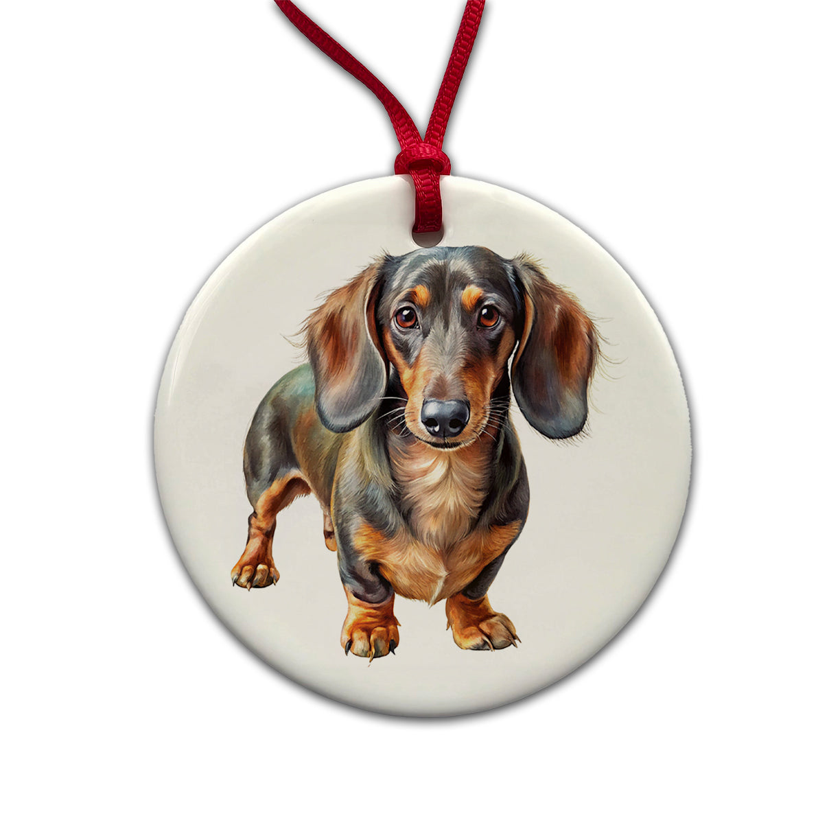 Dachshund Dog Illustration Round Ceramic Holiday Christmas Tree Ornament