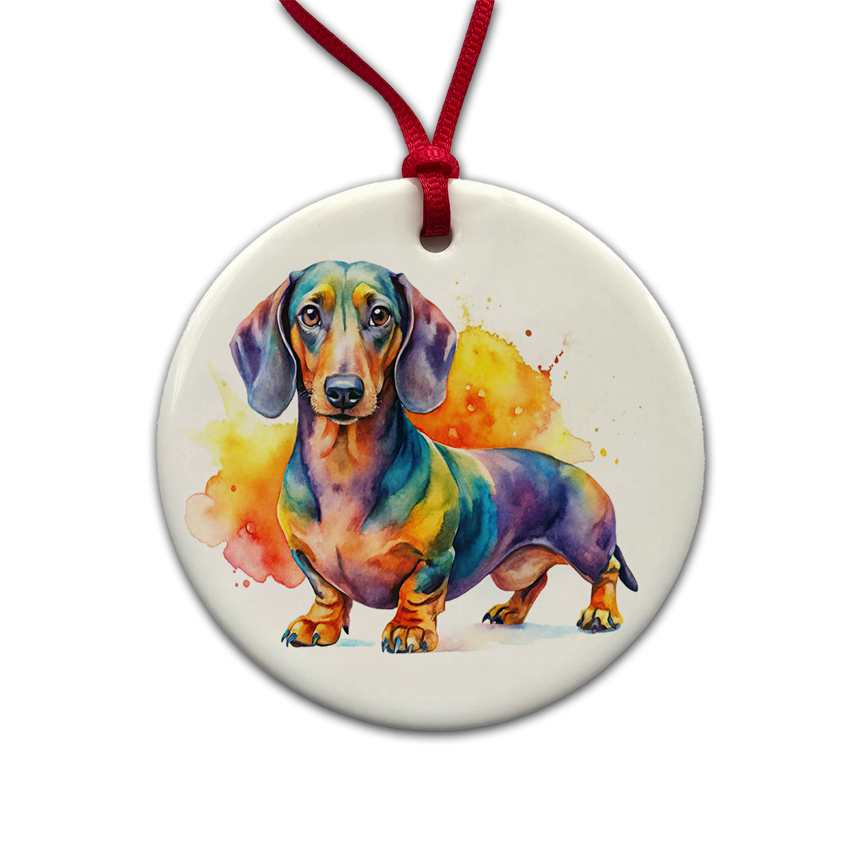 Dachshund Dog Watercolor Style Round Ceramic Holiday Christmas Tree Ornament