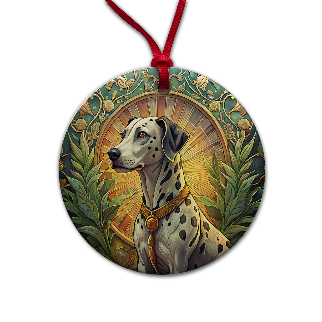Dalmatian Dog Art Nouveau Round Ceramic Holiday Christmas Tree Ornament
