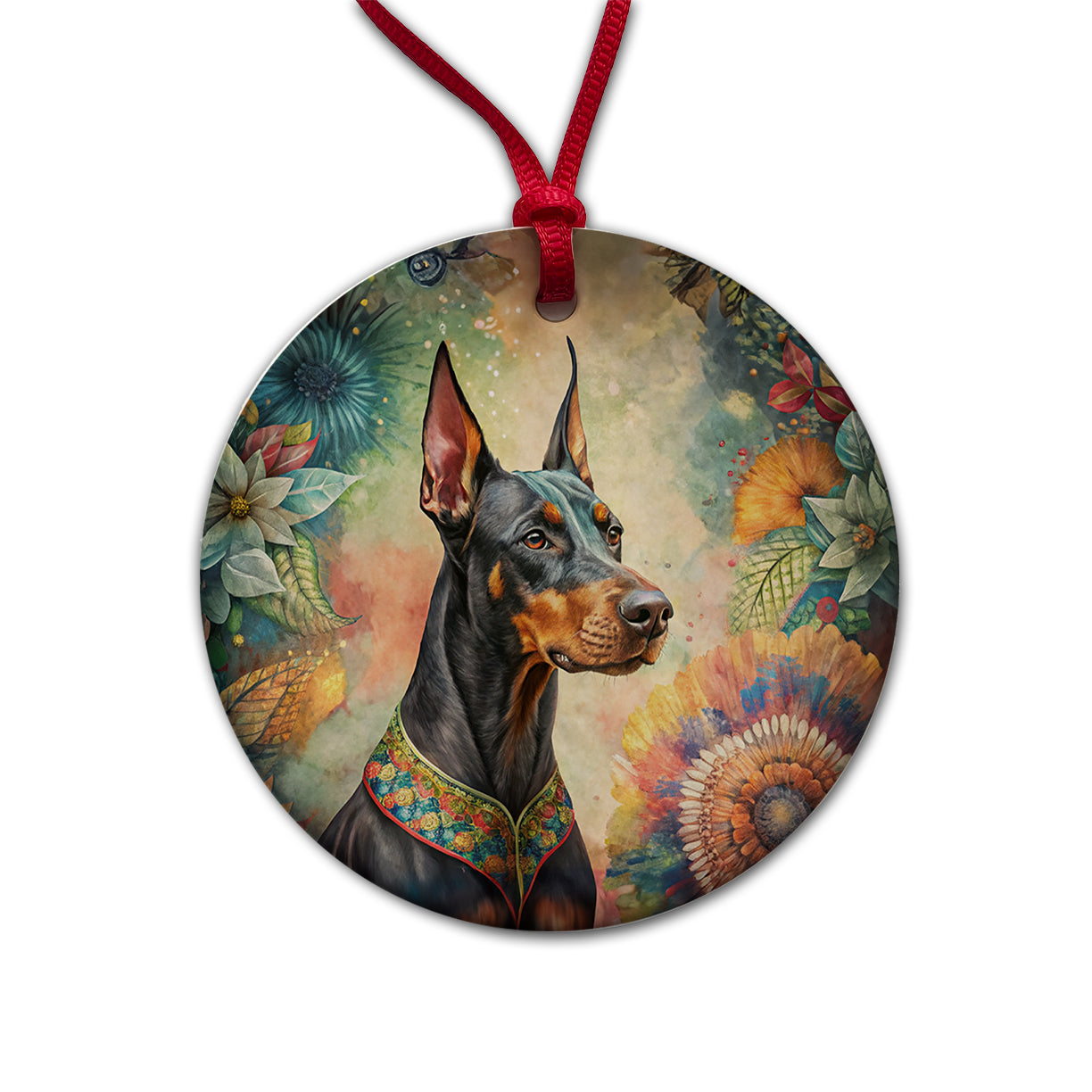 Doberman Pinscher Dog Bohemian Art Round Ceramic Holiday Christmas Tree Ornament