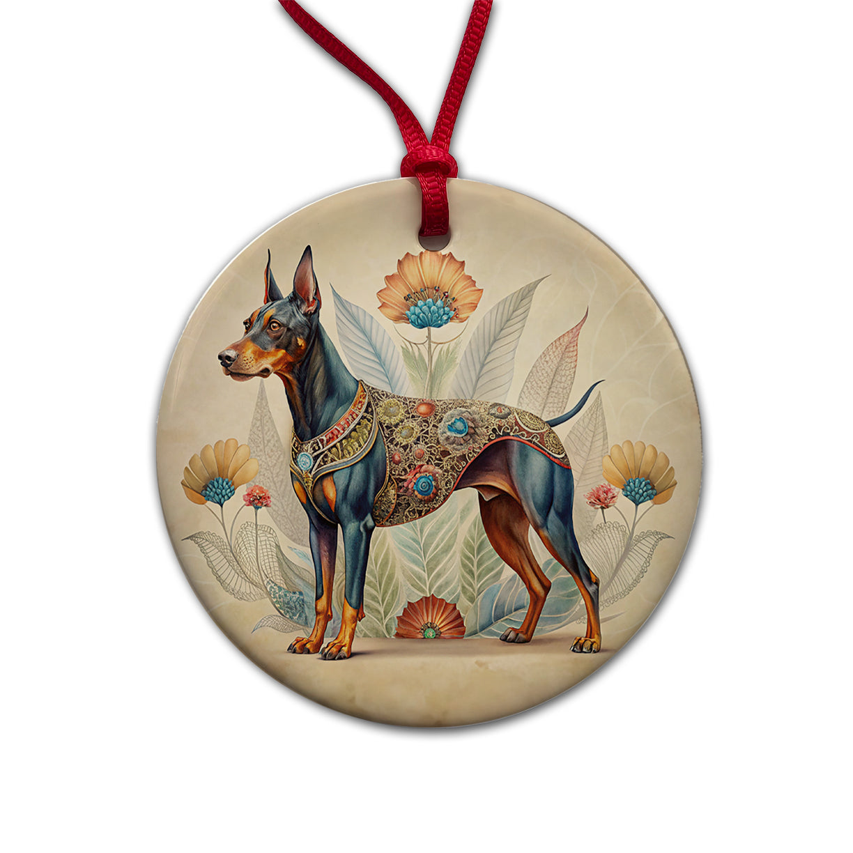 Doberman Pinscher Dog French Bohemian Art Round Ceramic Holiday Christmas Tree Ornament