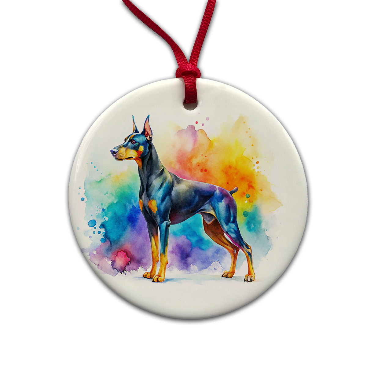 Doberman Pinscher Dog Watercolor Style Round Ceramic Holiday Christmas Tree Ornament