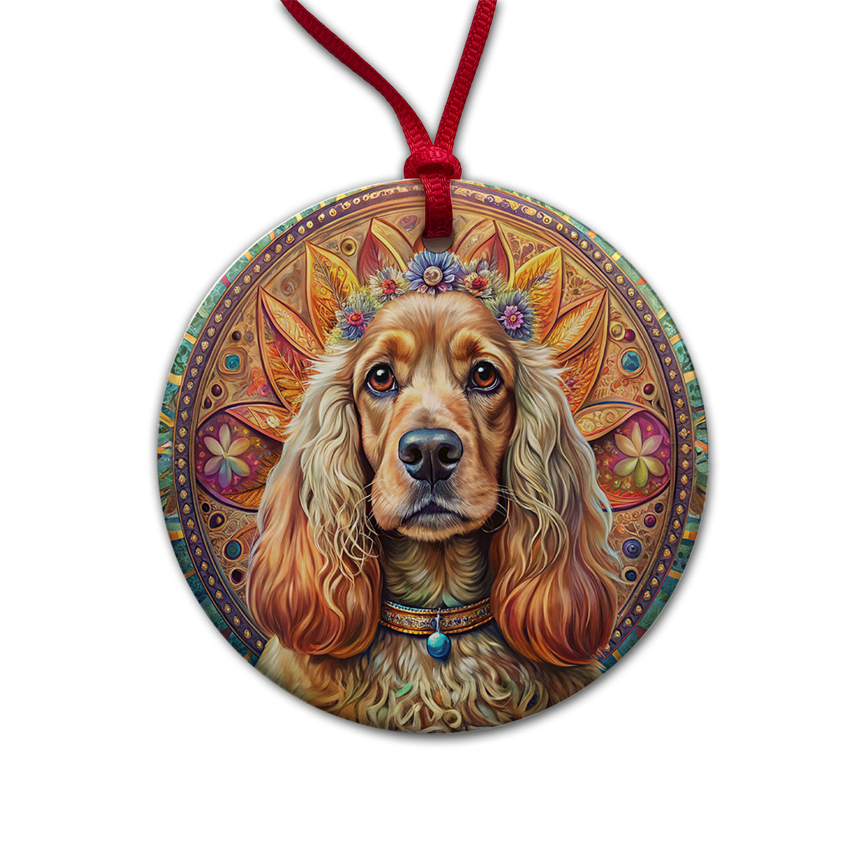 English Cocker Spaniel Dog Bohemian Art Round Ceramic Holiday Christmas Tree Ornament