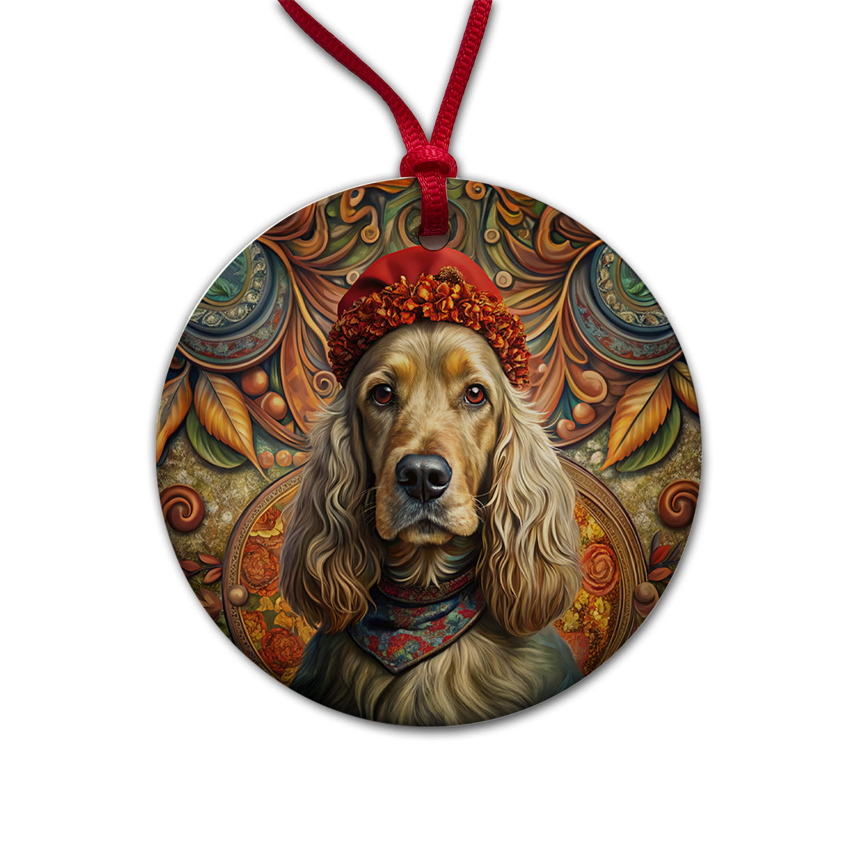 English Cocker Spaniel Dog French Bohemian Art Round Ceramic Holiday Christmas Tree Ornament