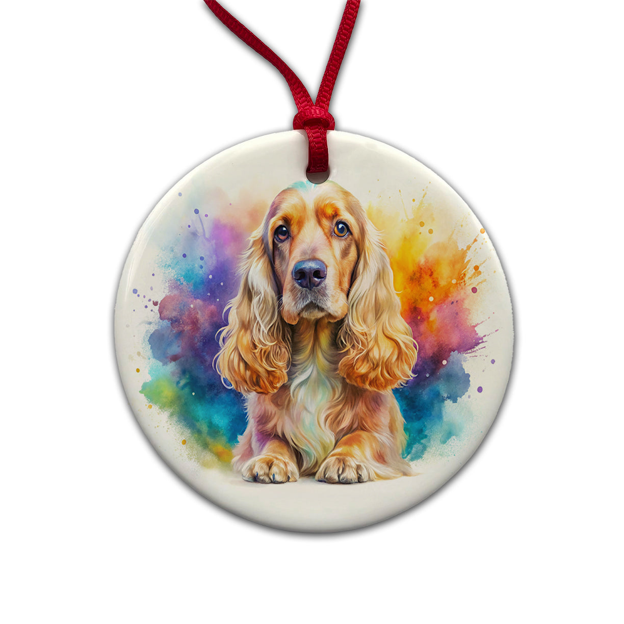 English Cocker Spaniel Dog Watercolor Style Round Ceramic Holiday Christmas Tree Ornament