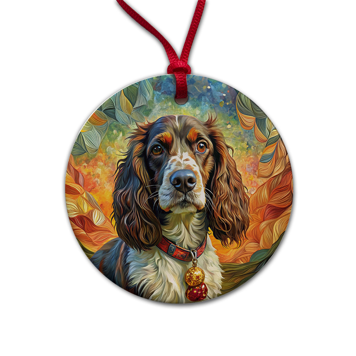 English Springer Spaniel Dog Bohemian Art Round Ceramic Holiday Christmas Tree Ornament