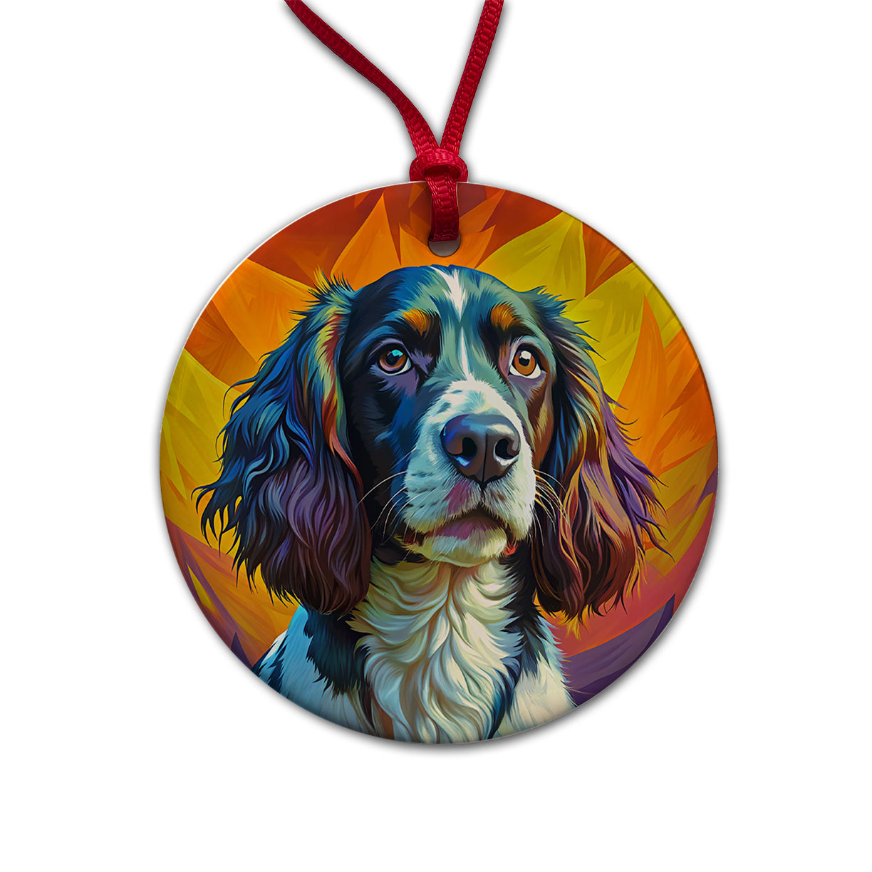 English Springer Spaniel Dog Pop Art Round Ceramic Holiday Christmas Tree Ornament
