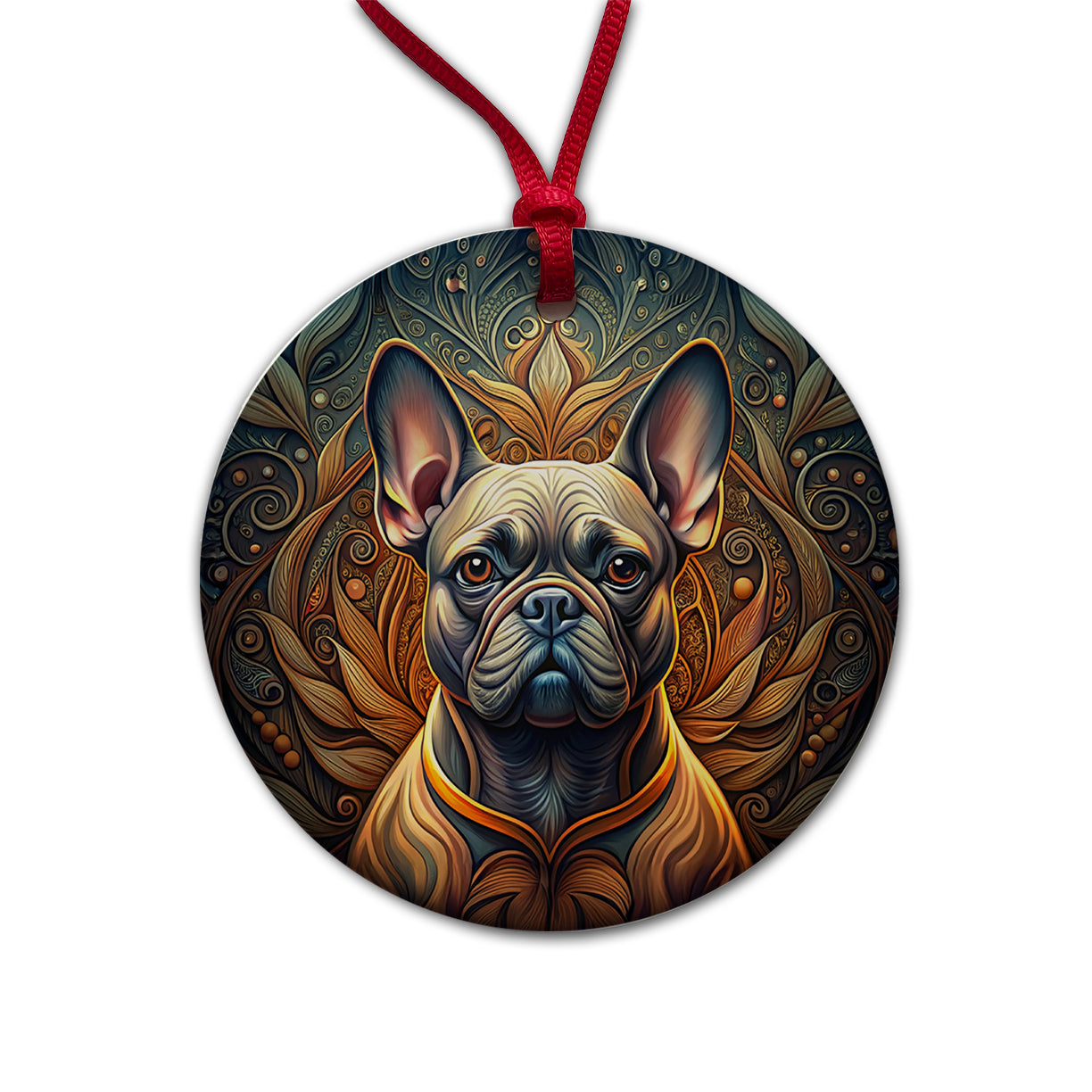 French Bulldog Frenchie Dog Art Nouveau Round Ceramic Holiday Christmas Tree Ornament
