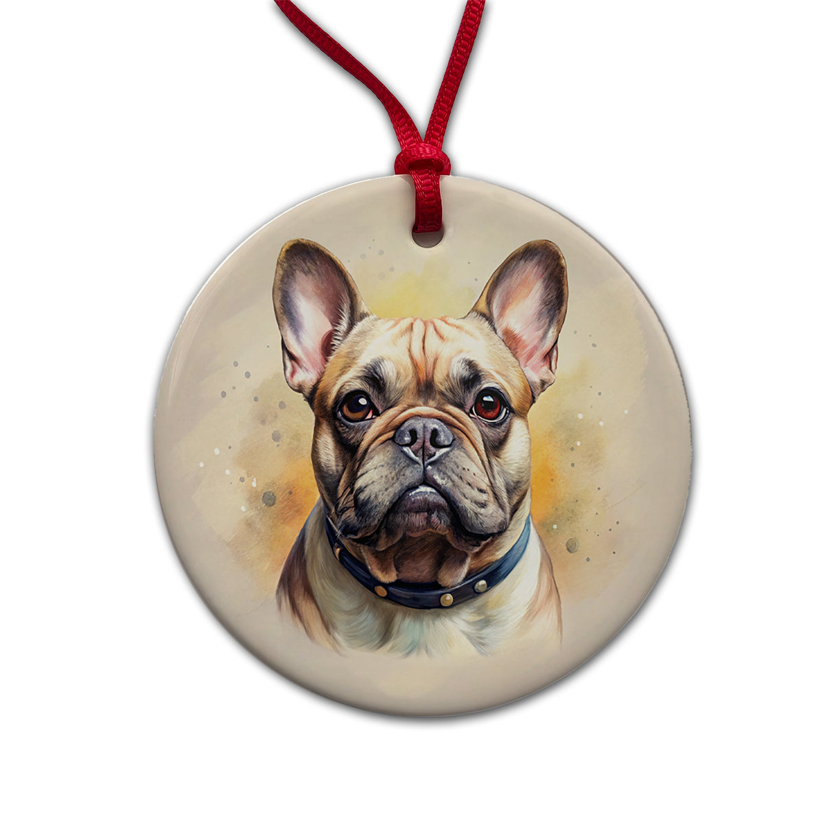 French Bulldog Frenchie Dog Illustration Round Ceramic Holiday Christmas Tree Ornament
