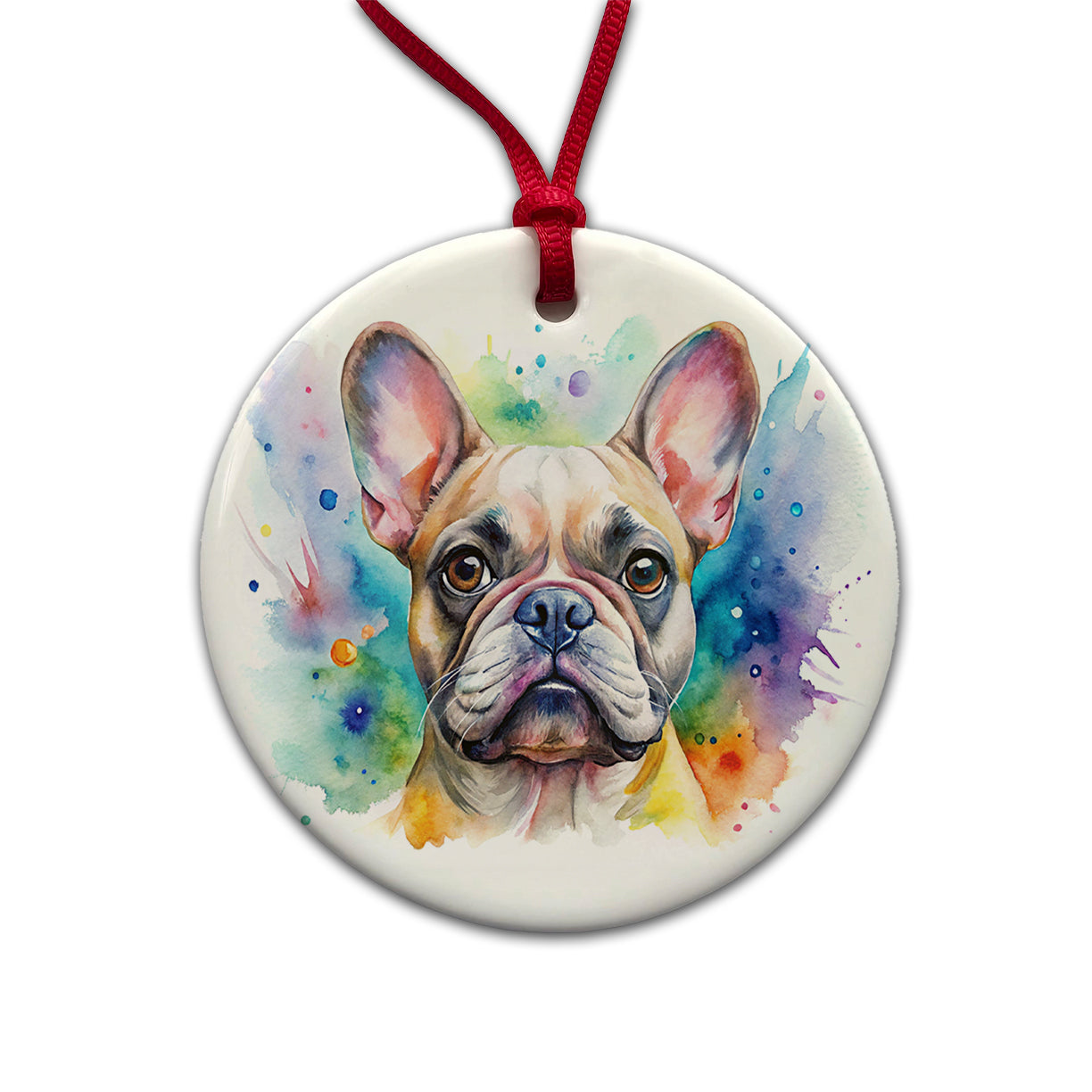 French Bulldog Frenchie Dog Watercolor Style Round Ceramic Holiday Christmas Tree Ornament