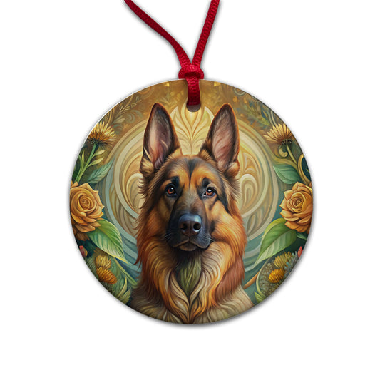 German Shepherd Dog Art Nouveau Round Ceramic Holiday Christmas Tree Ornament