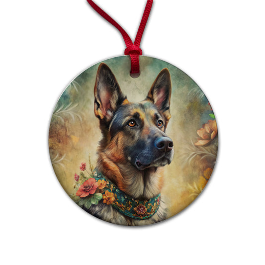 German Shepherd Dog French Bohemian Art Round Ceramic Holiday Christmas Tree Ornament