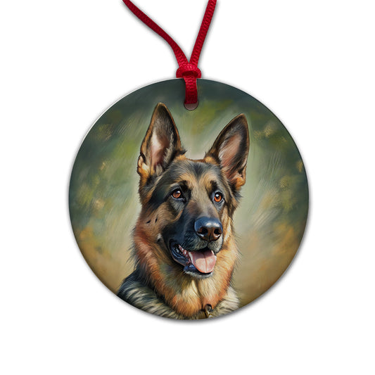 German Shepherd Dog Illustration Round Ceramic Holiday Christmas Tree Ornament