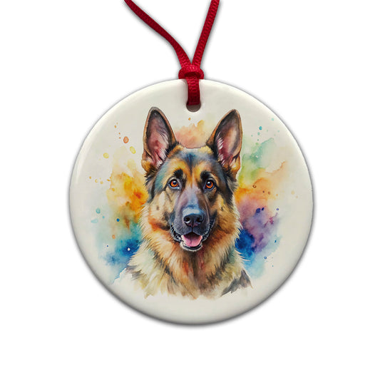 German Shepherd Dog Watercolor Style Round Ceramic Holiday Christmas Tree Ornament