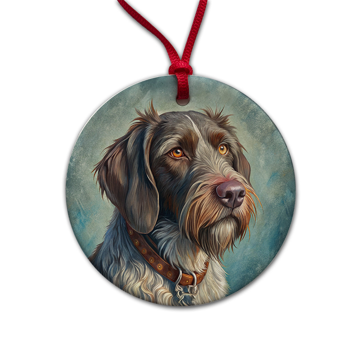 German Wirehaired Pointer Dog Illustration Round Ceramic Holiday Christmas Tree Ornament
