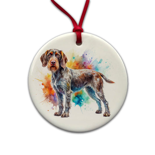 German Wirehaired Pointer Dog Watercolor Style Round Ceramic Holiday Christmas Tree Ornament