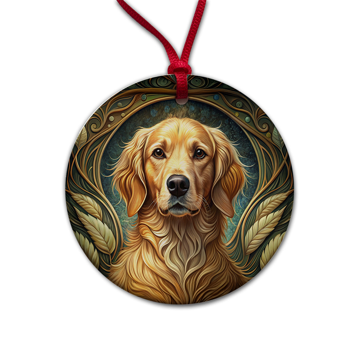Golden Retriever Dog Art Nouveau Round Ceramic Holiday Christmas Tree Ornament