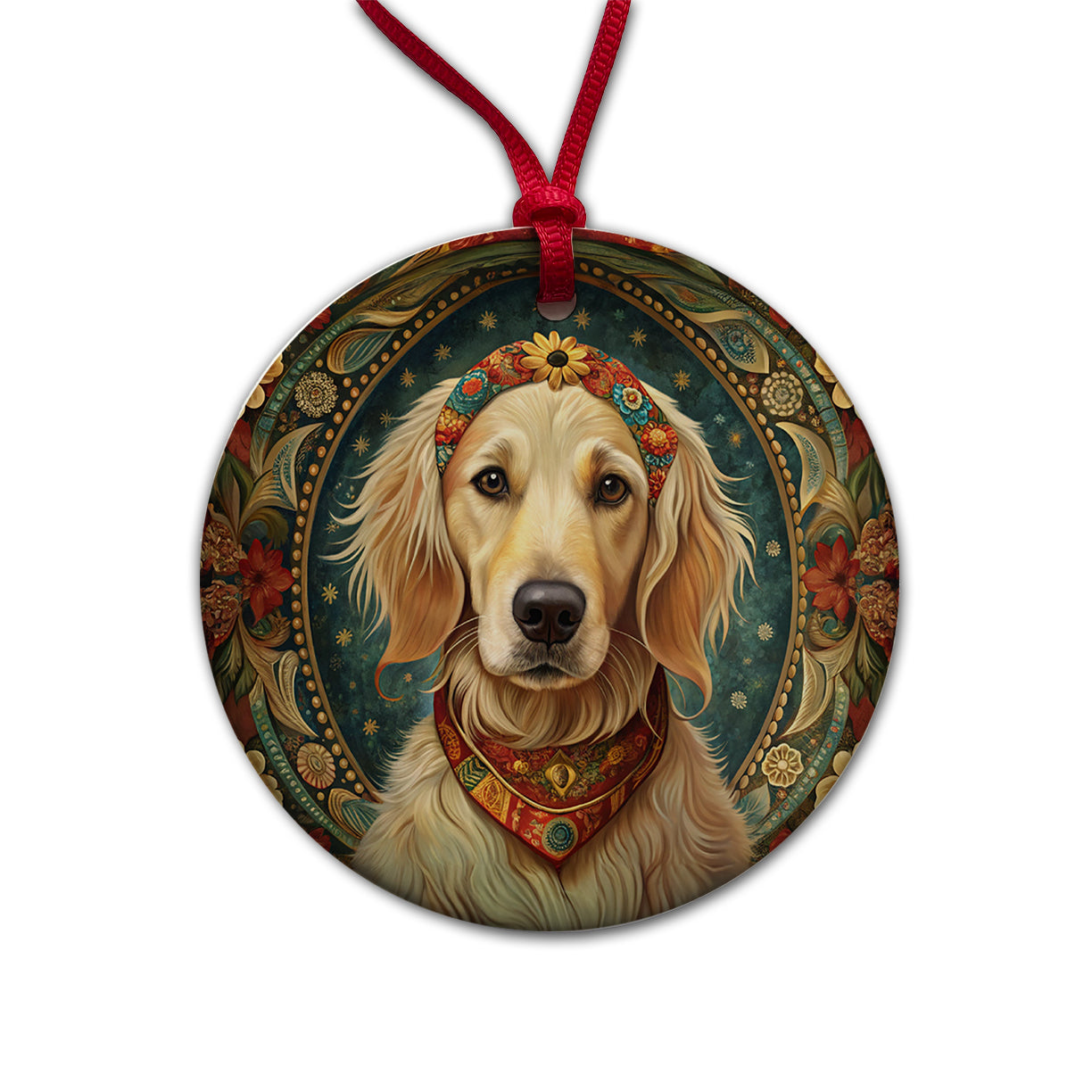 Golden Retriever Dog French Bohemian Art Round Ceramic Holiday Christmas Tree Ornament