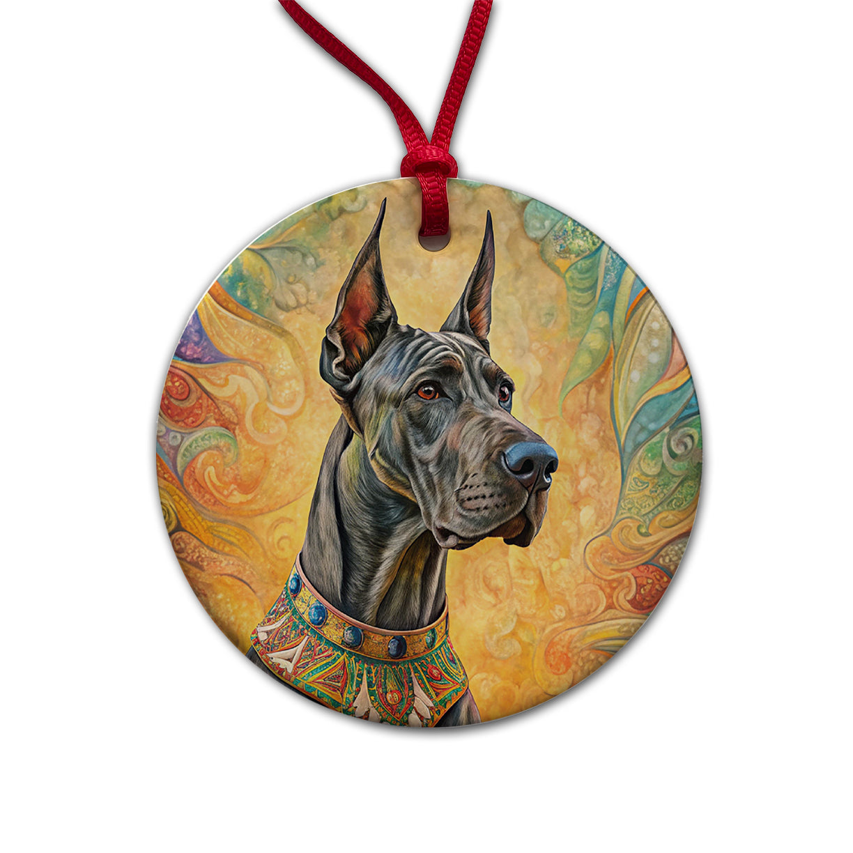 Great Dane Dog Bohemian Art Round Ceramic Holiday Christmas Tree Ornament