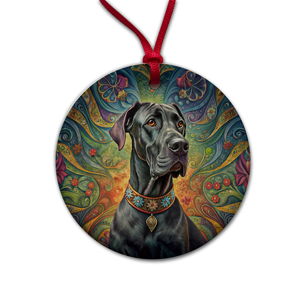 Great Dane Dog French Bohemian Art Round Ceramic Holiday Christmas Tree Ornament
