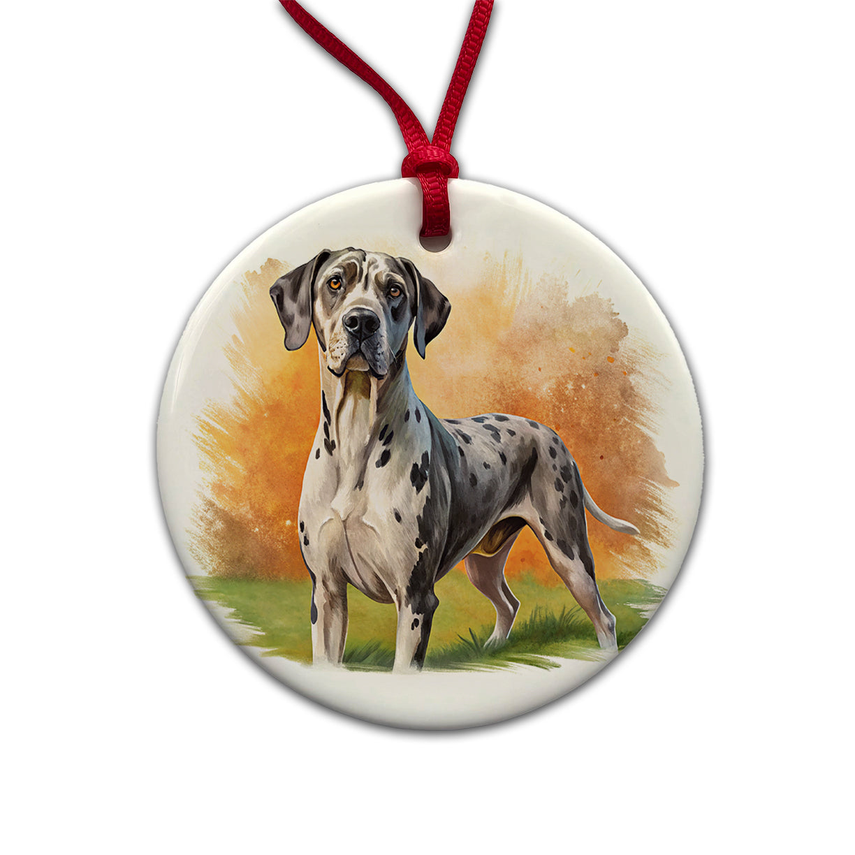 Great Dane Dog Illustration Round Ceramic Holiday Christmas Tree Ornament