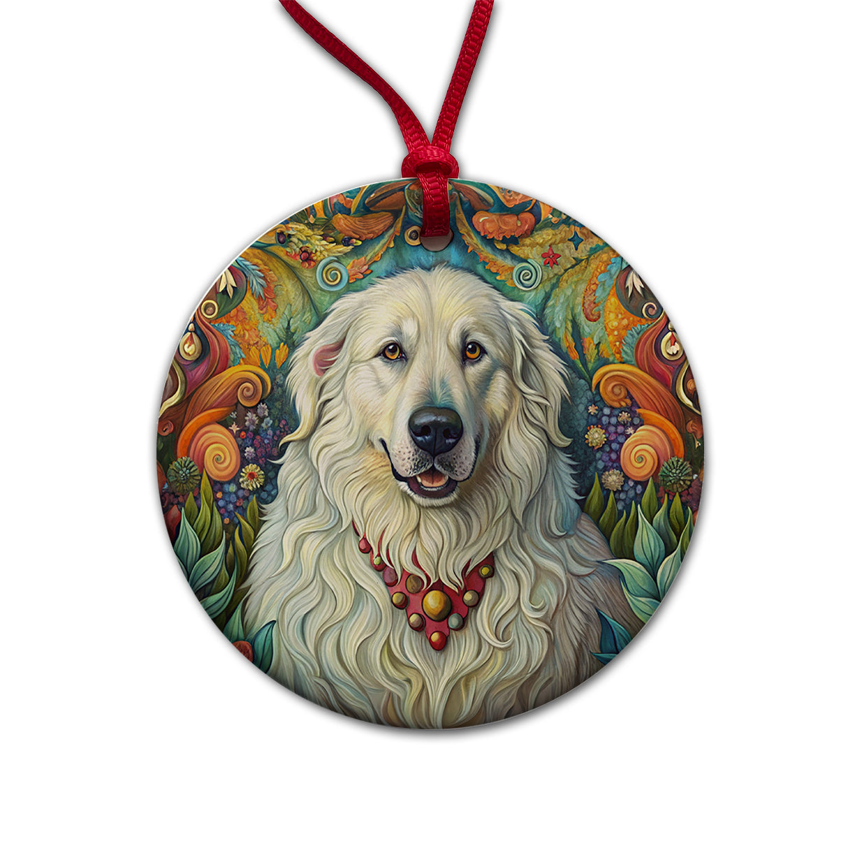 Great Pyrenees Dog French Bohemian Art Round Ceramic Holiday Christmas Tree Ornament