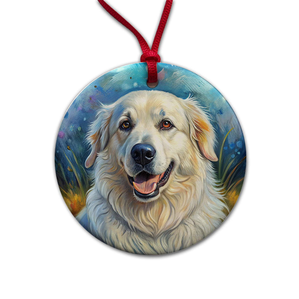 Great Pyrenees Dog Illustration Round Ceramic Holiday Christmas Tree Ornament