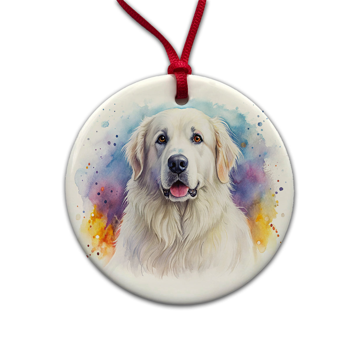 Great Pyrenees Dog Watercolor Style Round Ceramic Holiday Christmas Tree Ornament