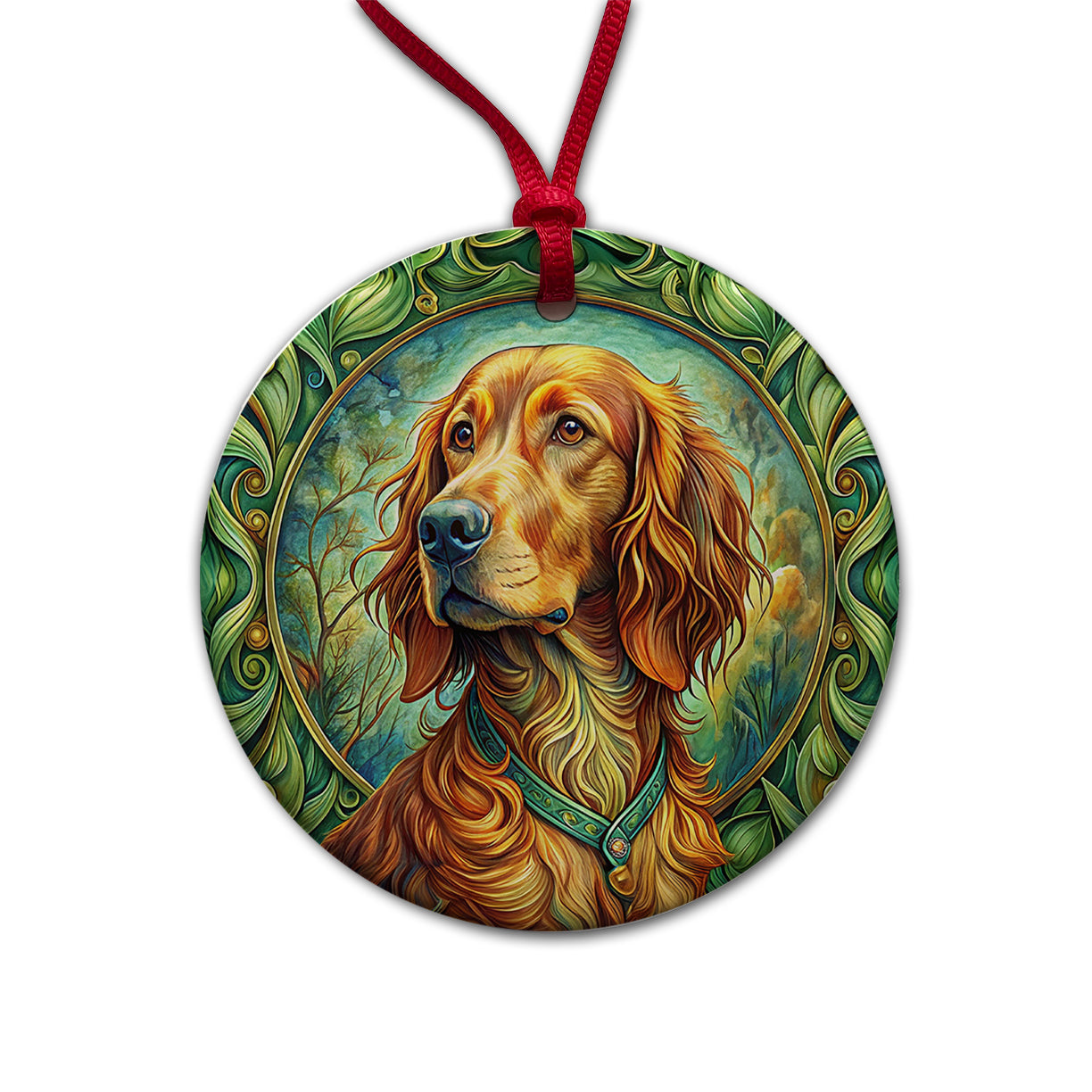 Irish Setter Dog Art Nouveau Round Ceramic Holiday Christmas Tree Ornament