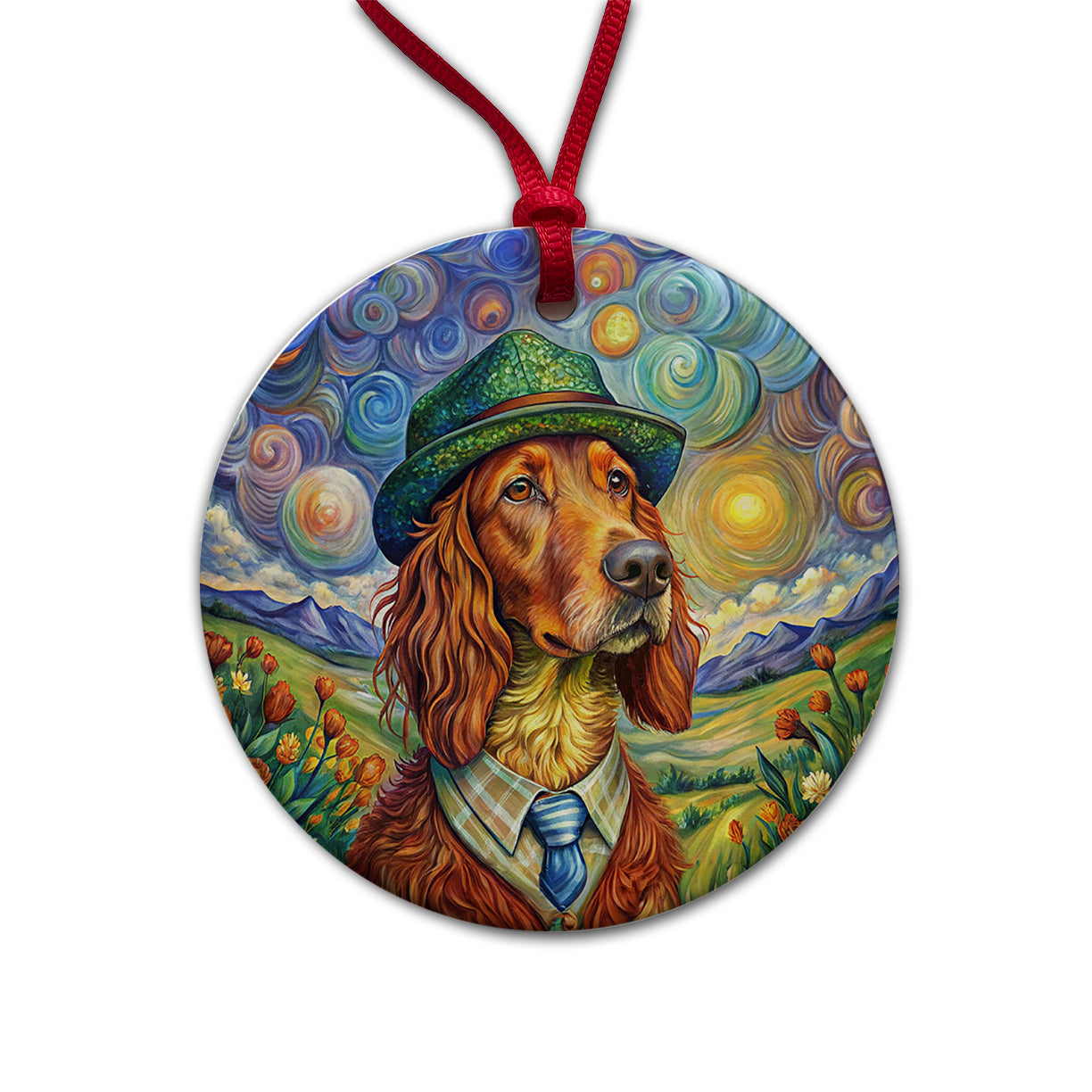Irish Setter Dog French Bohemian Art Round Ceramic Holiday Christmas Tree Ornament