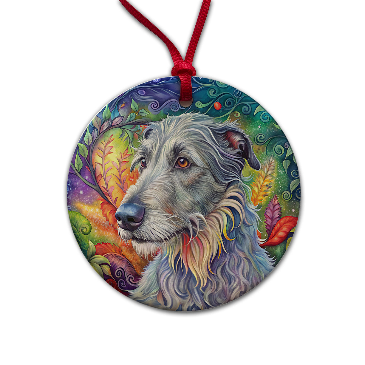 Irish Wolfhound Dog Bohemian Art Round Ceramic Holiday Christmas Tree Ornament