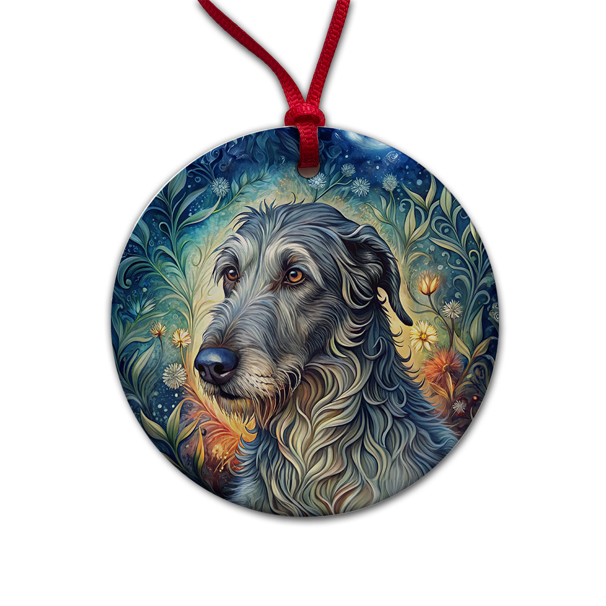 Irish Wolfhound Dog French Bohemian Art Round Ceramic Holiday Christmas Tree Ornament