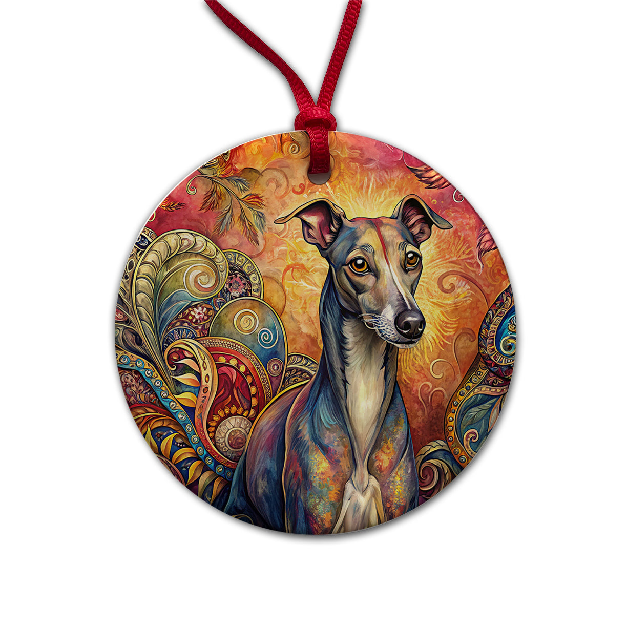 Italian Greyhound Dog Bohemian Art Round Ceramic Holiday Christmas Tree Ornament
