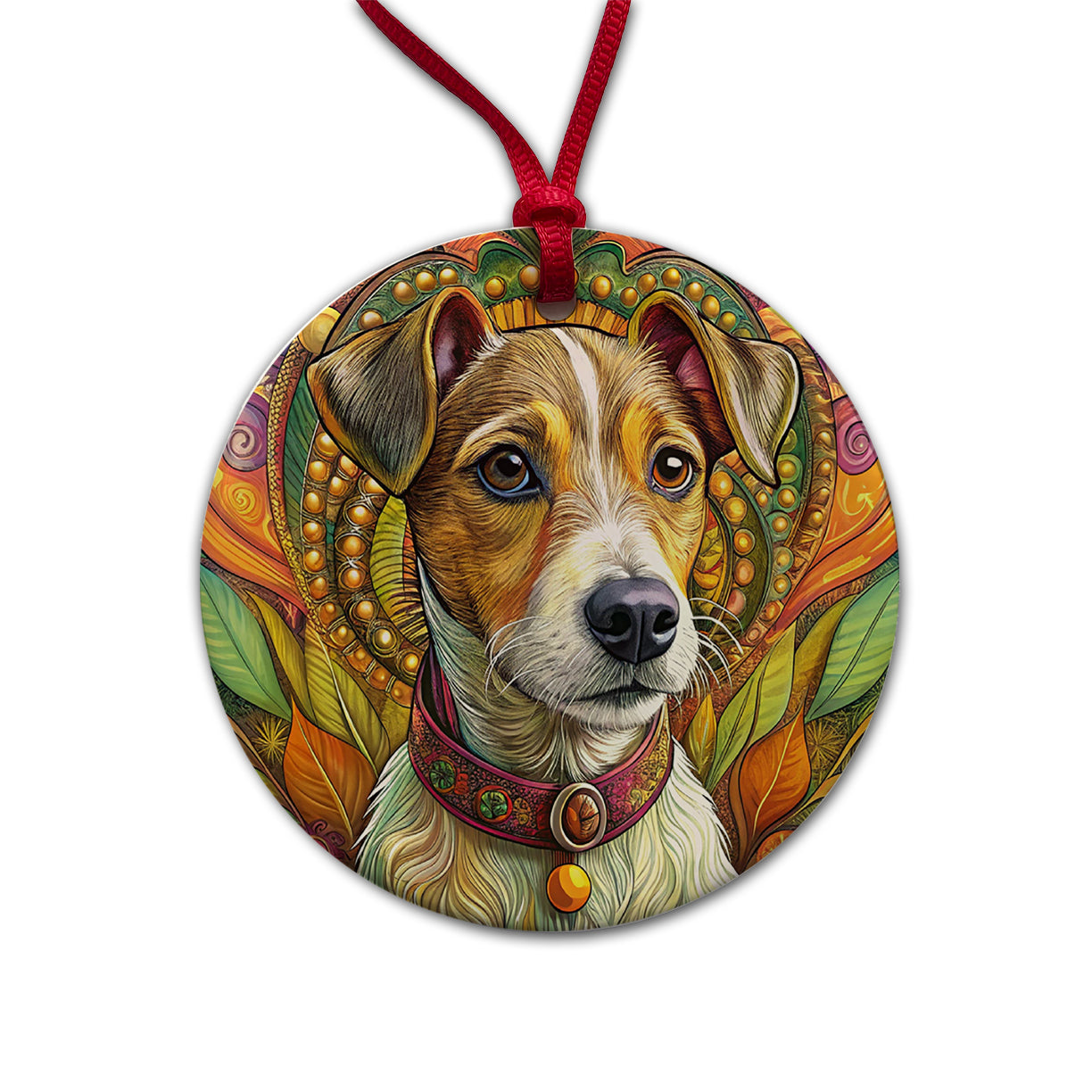 Jack Russell Terrier Dog Bohemian Art Round Ceramic Holiday Christmas Tree Ornament